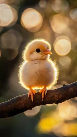 Golden chick perched on branch bathed in warm light
