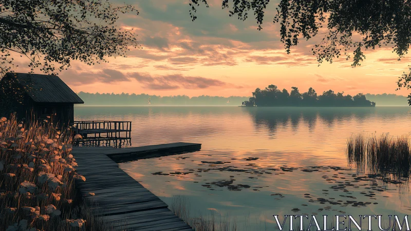 Quiet wooden lakeside pier under soft sunset light.