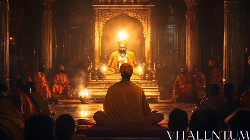 Central seated figure illuminated in ornate golden interior