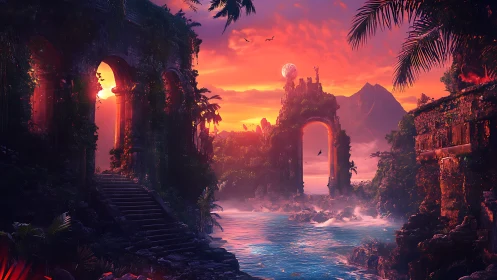 Moonlit jungle ruins cradle a blazing tropical gateway.