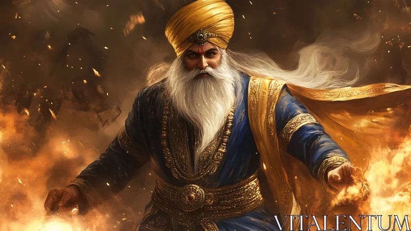 Fire-wreathed elder warrior in regal golden blue robes.