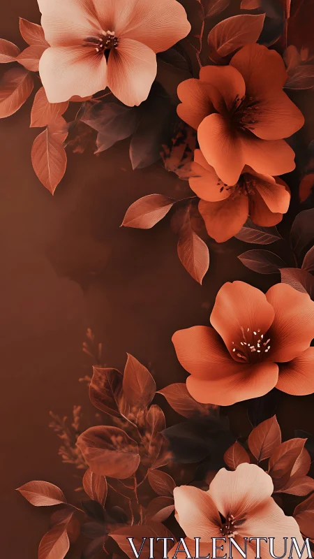 Warm Coral Blooms Against Moody Brown Background.