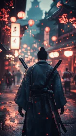 Lone samurai wandering beneath lantern-lit city skies.