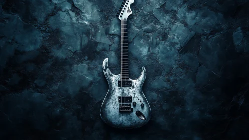 Weathered electric guitar rests against textured stone wall