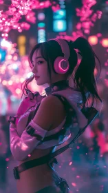 Cyberpunk neon heroine in reflective tactical streetwear profile.