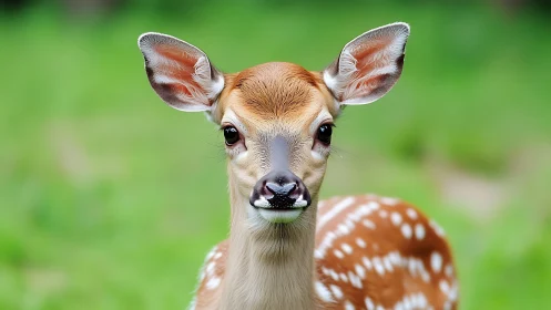 High-resolution frontal portrait of spotted fawn in shallow depth