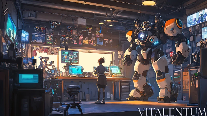 Young engineer working on giant combat robot in lab