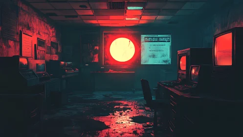 Glowing red sun haunts an abandoned retro computer lab