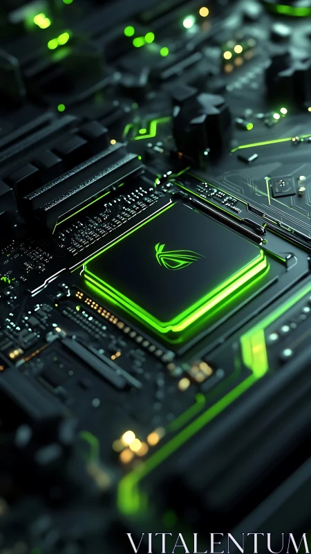 Glowing neon CPU core illuminates futuristic motherboard circuitry