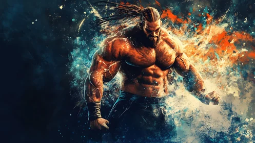 Battle-scarred warrior amid explosive abstract energy storm.