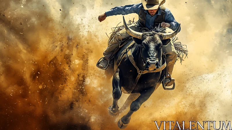 Rodeo rider maintains balance on charging bull amid dust