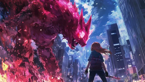 Young hero faces neon dragon in a storm of city lights.