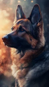 Luminous-profile digital study of alert German shepherd dog.