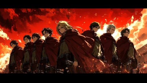 Seven anime soldiers in red cloaks under burning sky.
