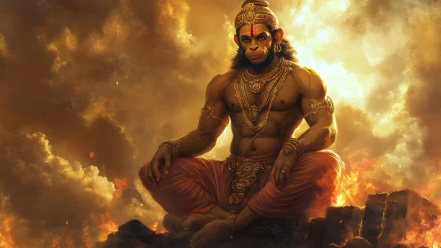 Divine warrior monkey god in blazing celestial flames.