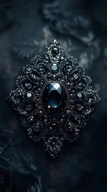 Ornate dark gemstone brooch on textured dark fabric background.