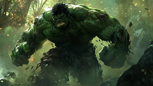 Enraged green titan smashing forest floor in motion.