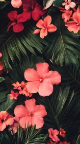 Tropical Hibiscus and Palm Foliage on Dark Background.