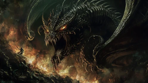 Inferno crowned dragon roars over lone ember knight.