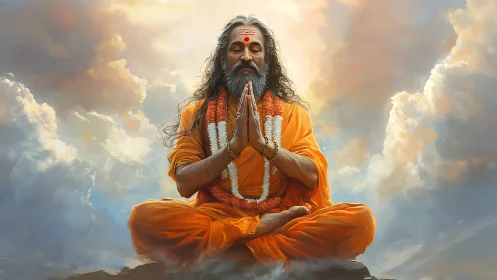 Meditating elder in orange robes against clouded sky.