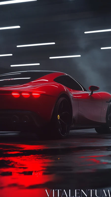 Cinematic rear three-quarter view of red supercar in neon garage