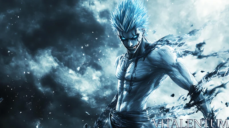 Electric warrior in stormlit chaos, grinning with power.