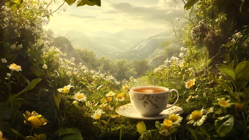 Tea cup rests in dense wildflower meadow overlooking valley