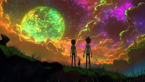 Silhouetted trio under glowing alien sky and planet