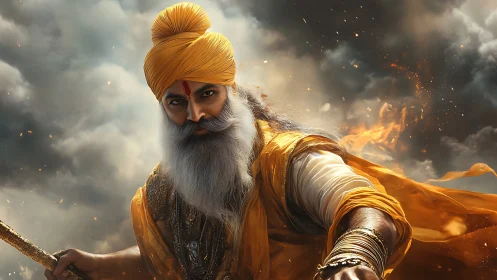 Regal warrior sage strides forward through storm and fire