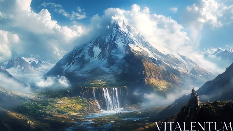 Snowcapped mountain, twin waterfalls and distant fortress.