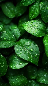 Wet green leaves display water droplets in close-up view