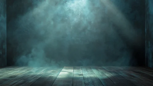 Empty wooden stage under hazy teal spotlight beams.