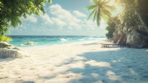 Tropical Beach with Rocky Outcrop and Turquoise Waters.