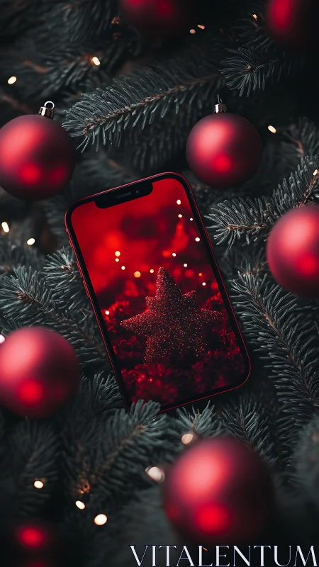 Cozy red baubles and glowing phone star in a pine nest.
