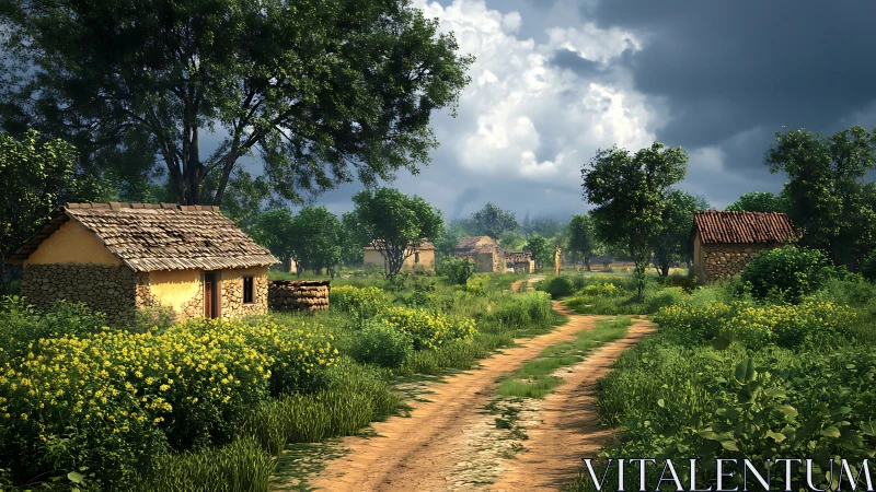Sunlit village path winding through wild green meadows.