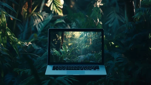 Laptop screen opens a lush digital window into the jungle.