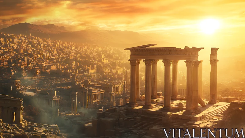 Solar-illuminated neoclassical ruins above dense hillside metropolis.