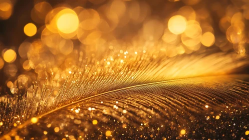 Macro golden feather with luminous bokeh highlight structure.