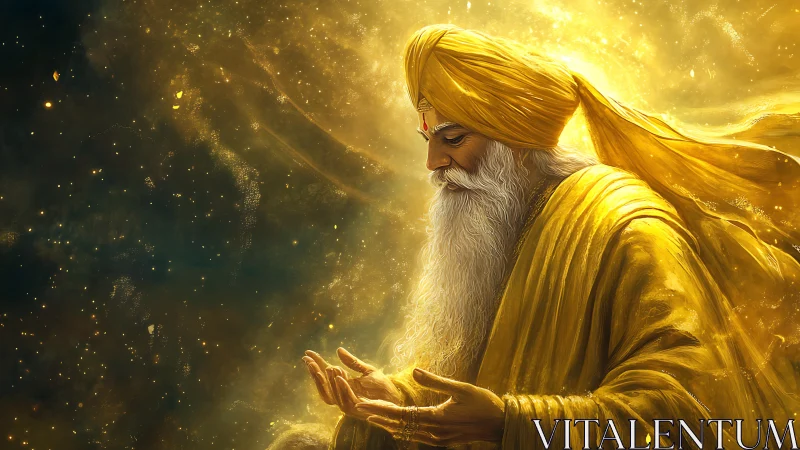 Golden elder in quiet cosmic prayerful light.