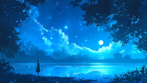 Solitary figure by moonlit lake under vivid starfield.