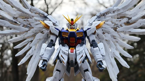 Winged mecha model stands outdoors in frontal symmetrical pose