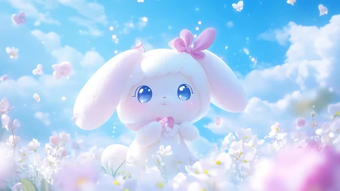 Cartoon rabbit character stands in stylized flower field