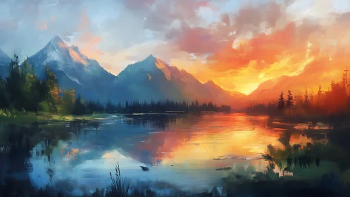 Golden lake sunset cradled by whispering mountain peaks.