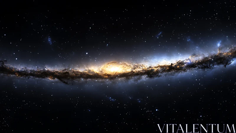 Edge-on spiral galaxy core glows through dense dust lane.