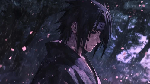 Solitary anime figure in rainy forest with falling petals.