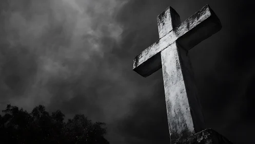Monochrome stone cross ascends against turbulent night sky