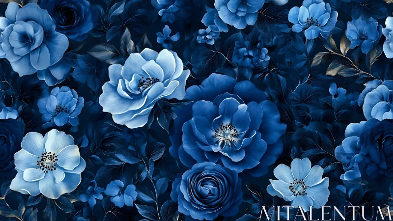 Monochromatic Blue Floral Composition with Layered Rose and Botanical Elements.