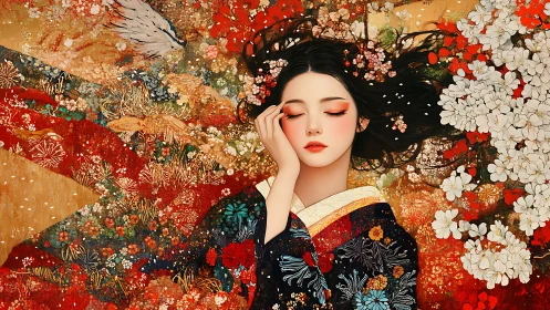 Dreaming kimono maiden rests in a blossom-filled sunset reverie