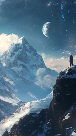 Solitary figure overlooks snowy peaks under distant moon
