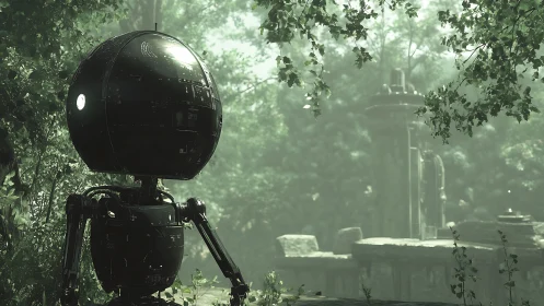 3D spherical reconnaissance robot in misted forest ruins.